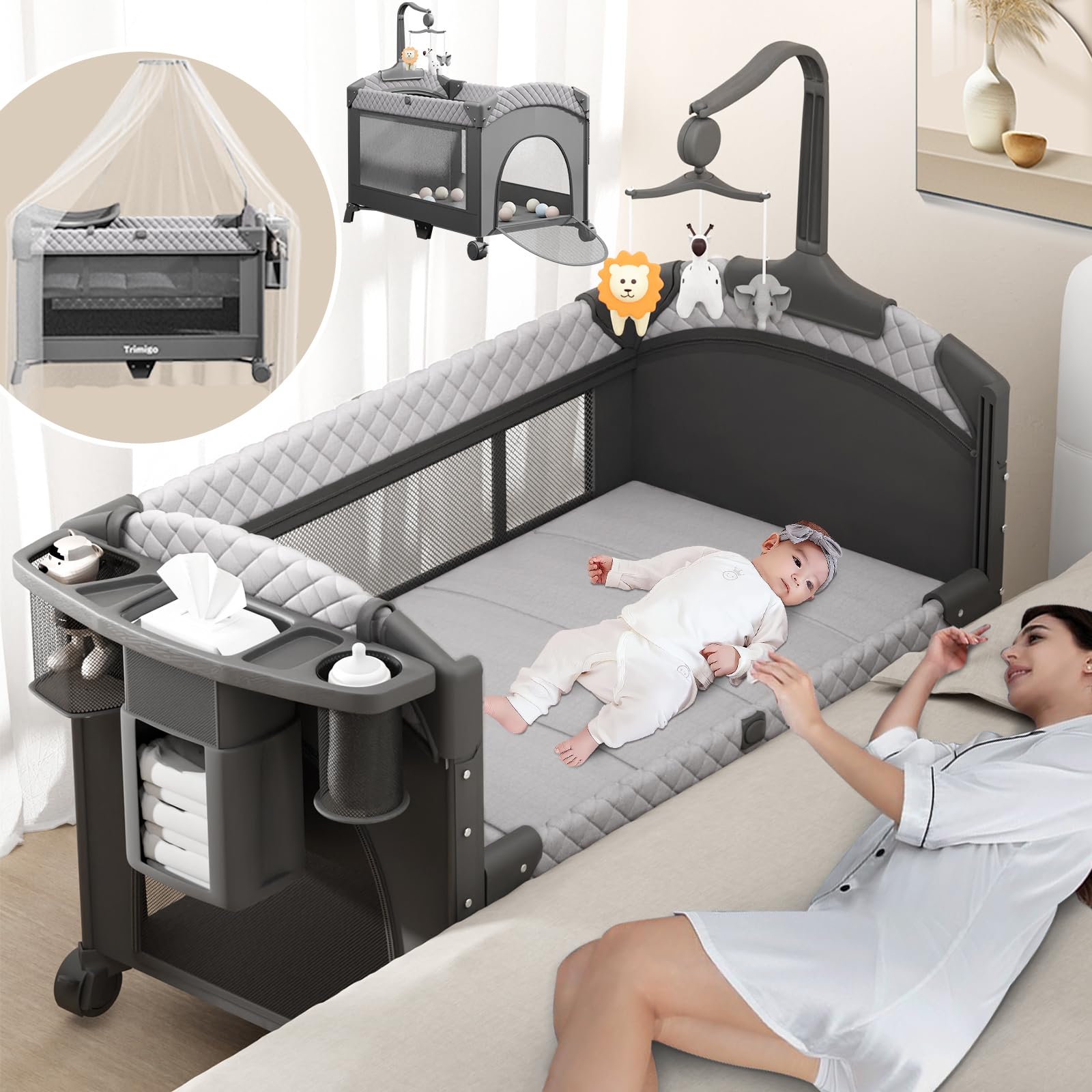 Trimigo 4-in-1 Reisebett & Beistellbett – Höhenverstellbar, faltbar & platzsparend für Babys 0–3 Jahre
