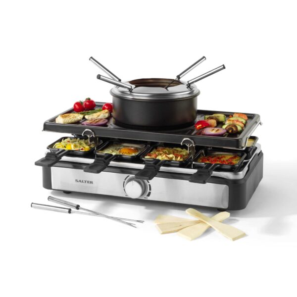Salter 2-in-1 Raclette-Grill & Fondue-Set, 1400 W – Elektrisches Servier-System für Gäste