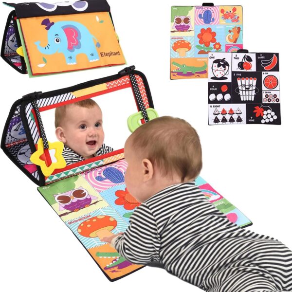 Zawaer Baby Spiegel Spielzeug – Faltbares Sensorisches Stoffbuch mit Beisring für Neugeborene