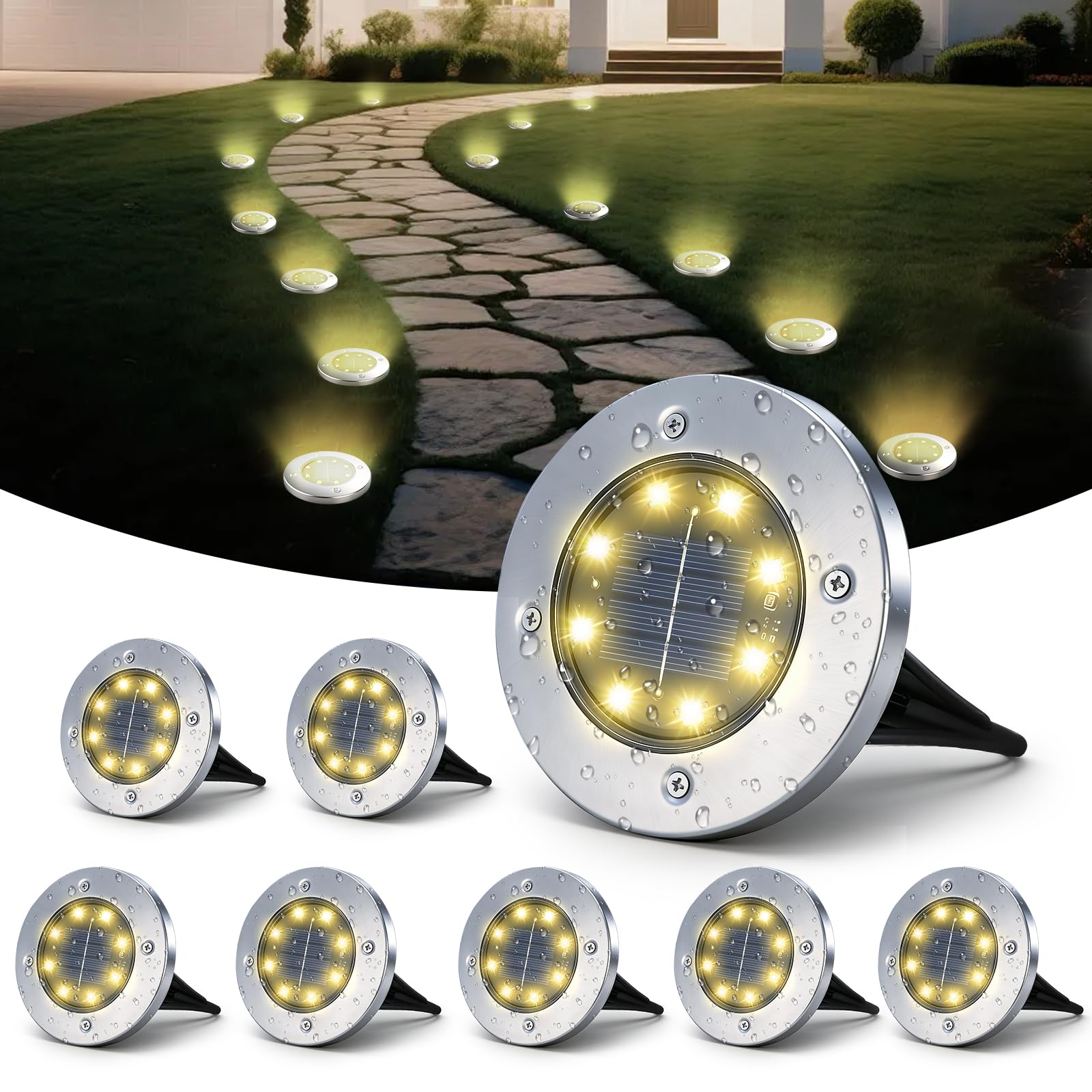 SLWOO 8er Set Solar Bodenleuchten – IP65 Warmweiss Gartenbeleuchtung für Aussen