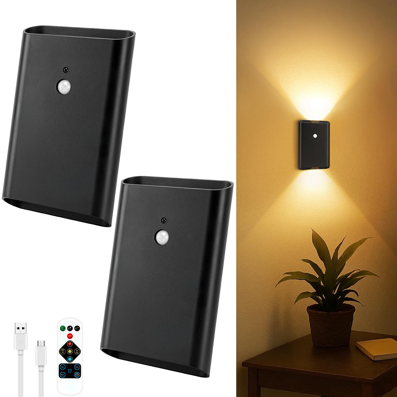 Toowell Akku-Wandleuchte mit Bewegungsmelder & Fernbedienung – 2er Set, 5000mAh