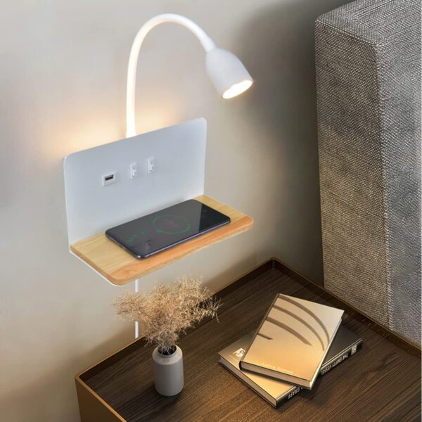 SENFAY LED Wandleuchte mit Wireless Charger & USB – Leselampe Schlafzimmer 360° Schwanenhals