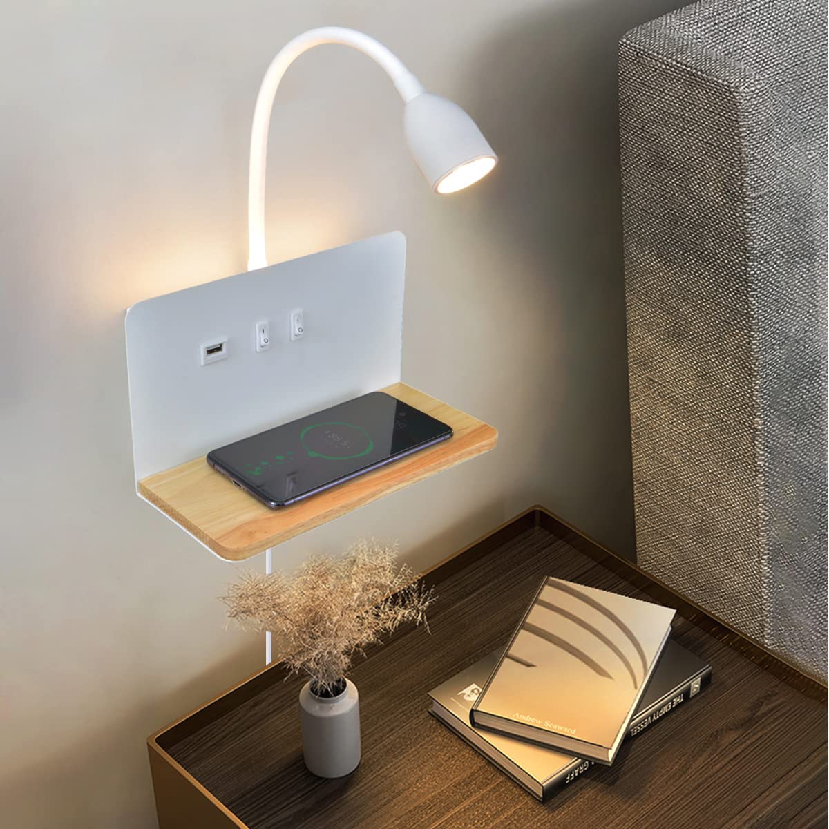 SENFAY LED Wandleuchte mit Wireless Charger & USB – Leselampe Schlafzimmer 360° Schwanenhals