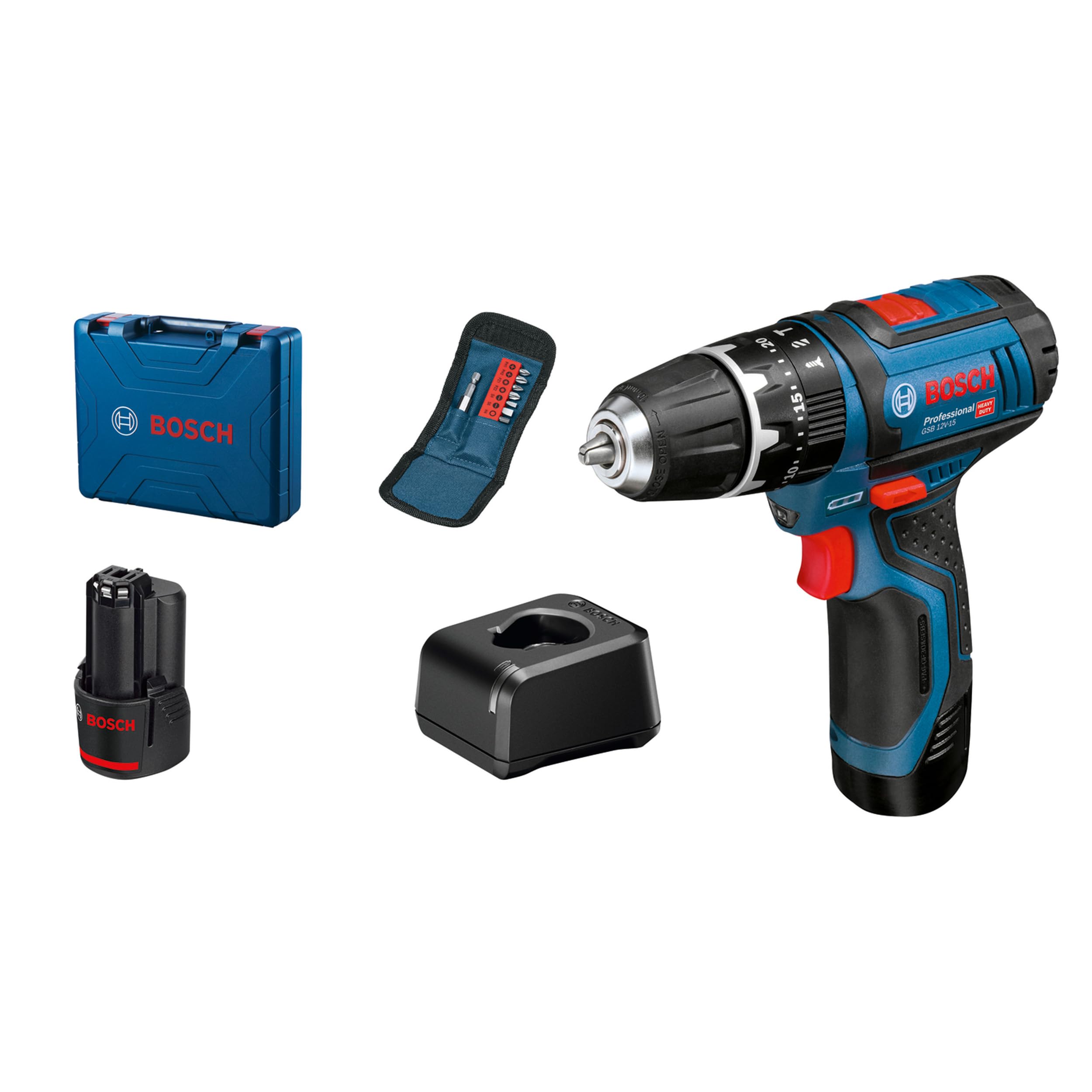 Bosch Professional GSB 12V-15 Akku-Schlagbohrschrauber – 12V System mit 2 Akkus & Zubehör