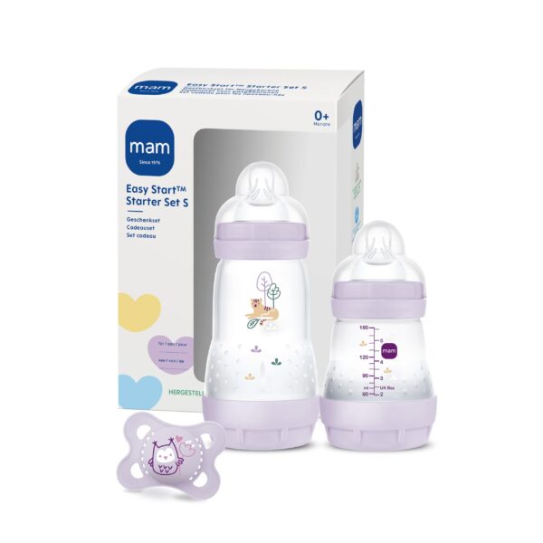 MAM Easy Start Anti-Colic Starter Set S – Babyflaschen-Set mit Schnuller, Lila