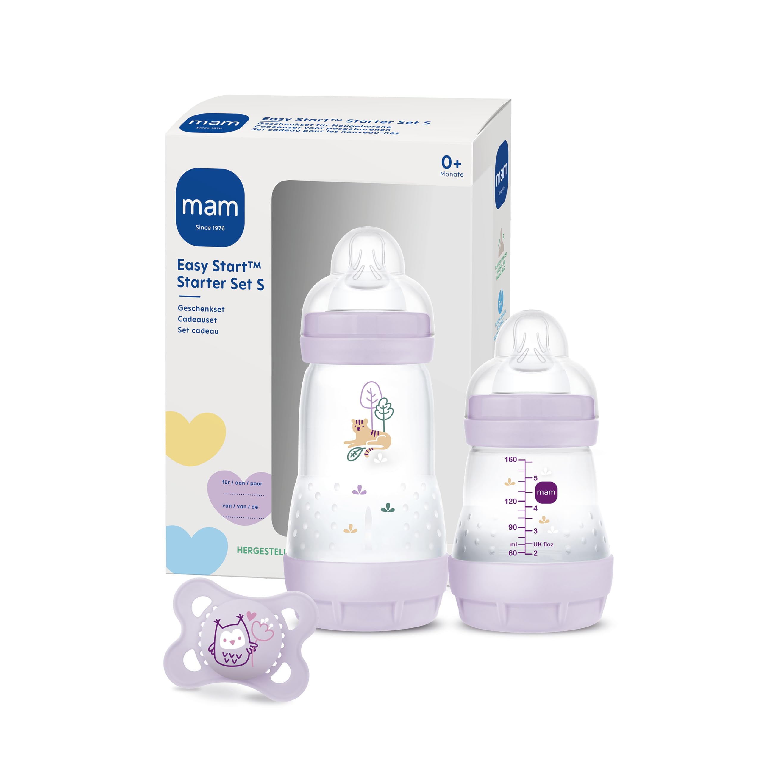 MAM Easy Start Anti-Colic Starter Set S – Babyflaschen-Set mit Schnuller, Lila