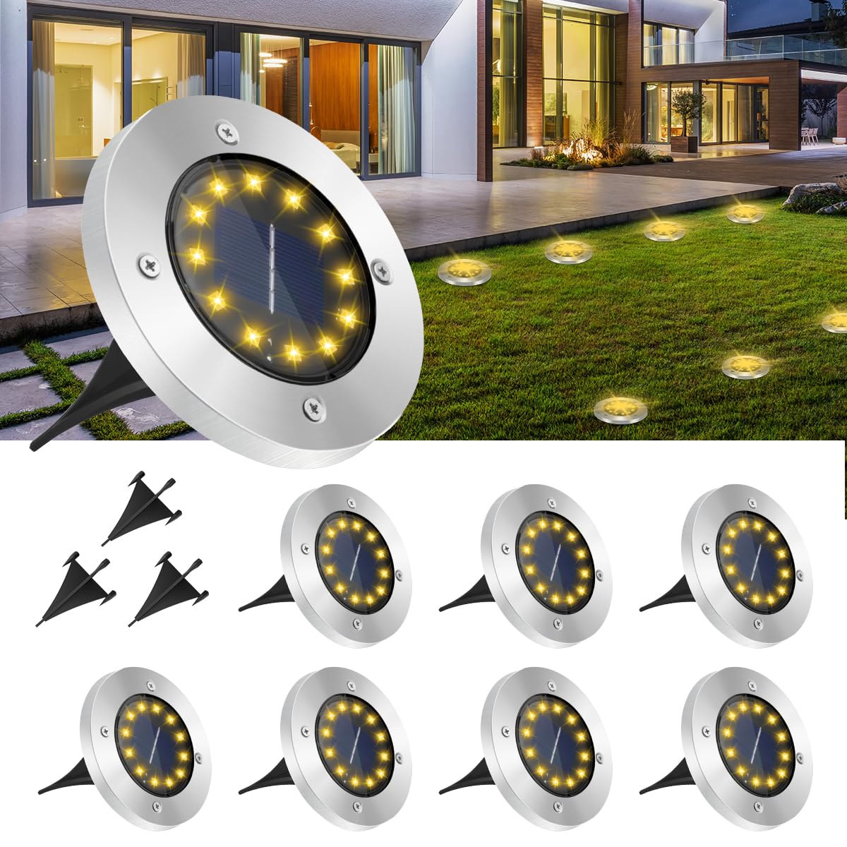 GREPRO Solar Bodenleuchten 8er Set mit 12 LED – IP65 Gartenleuchten für Aussen