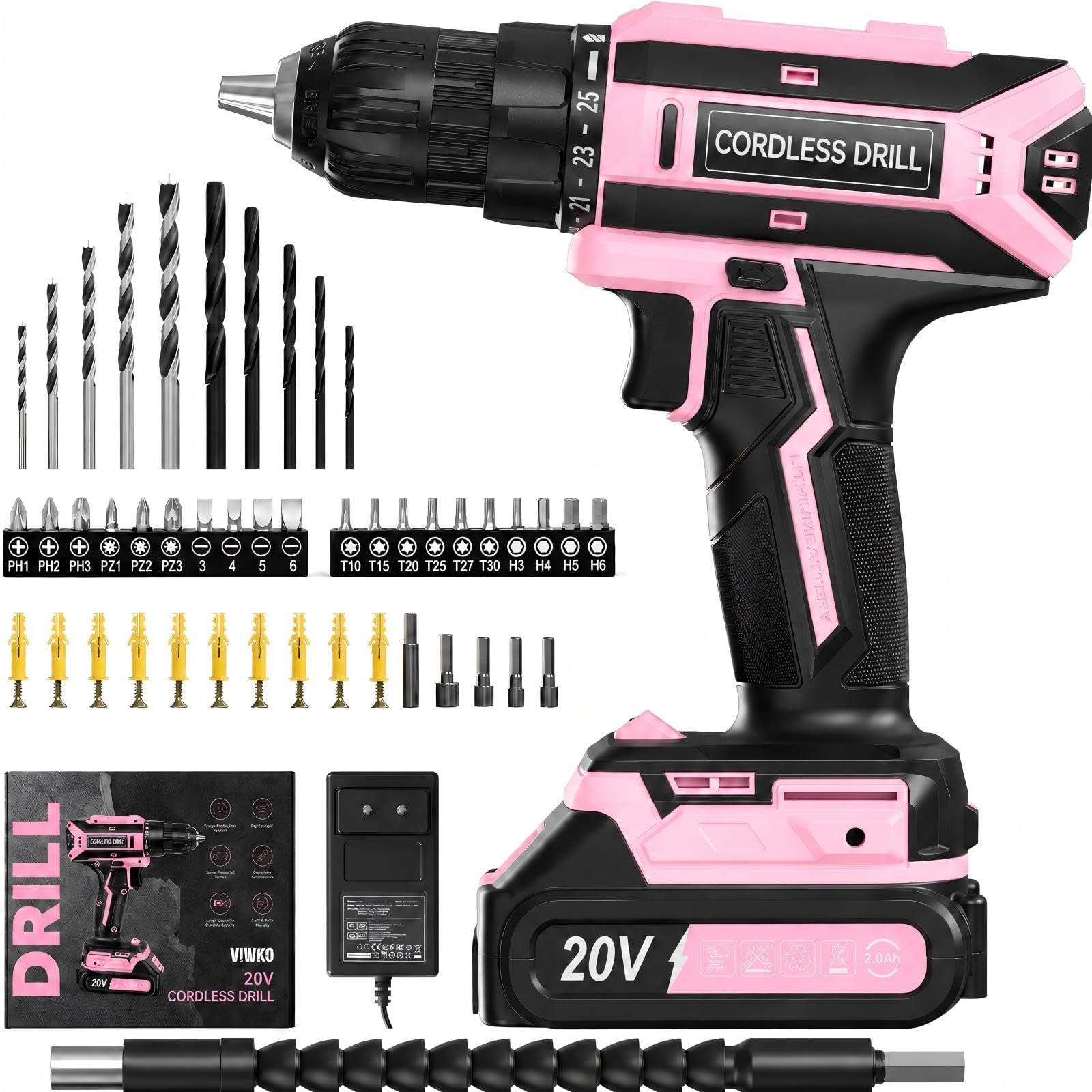 20V Akkuschrauber VIWKO mit 42Nm & 25+1 Drehmomentstufen – 56-teiliges Set für DIY