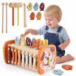 HYAKIDS Montessori Holzspielzeug 6 in 1 – Motorikspielzeug mit Hammerspiel & Xylophon