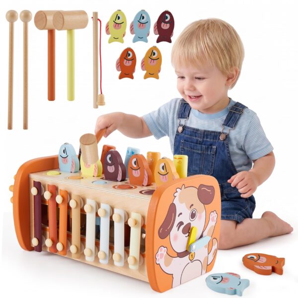 HYAKIDS Montessori Holzspielzeug 6 in 1 – Motorikspielzeug mit Hammerspiel & Xylophon