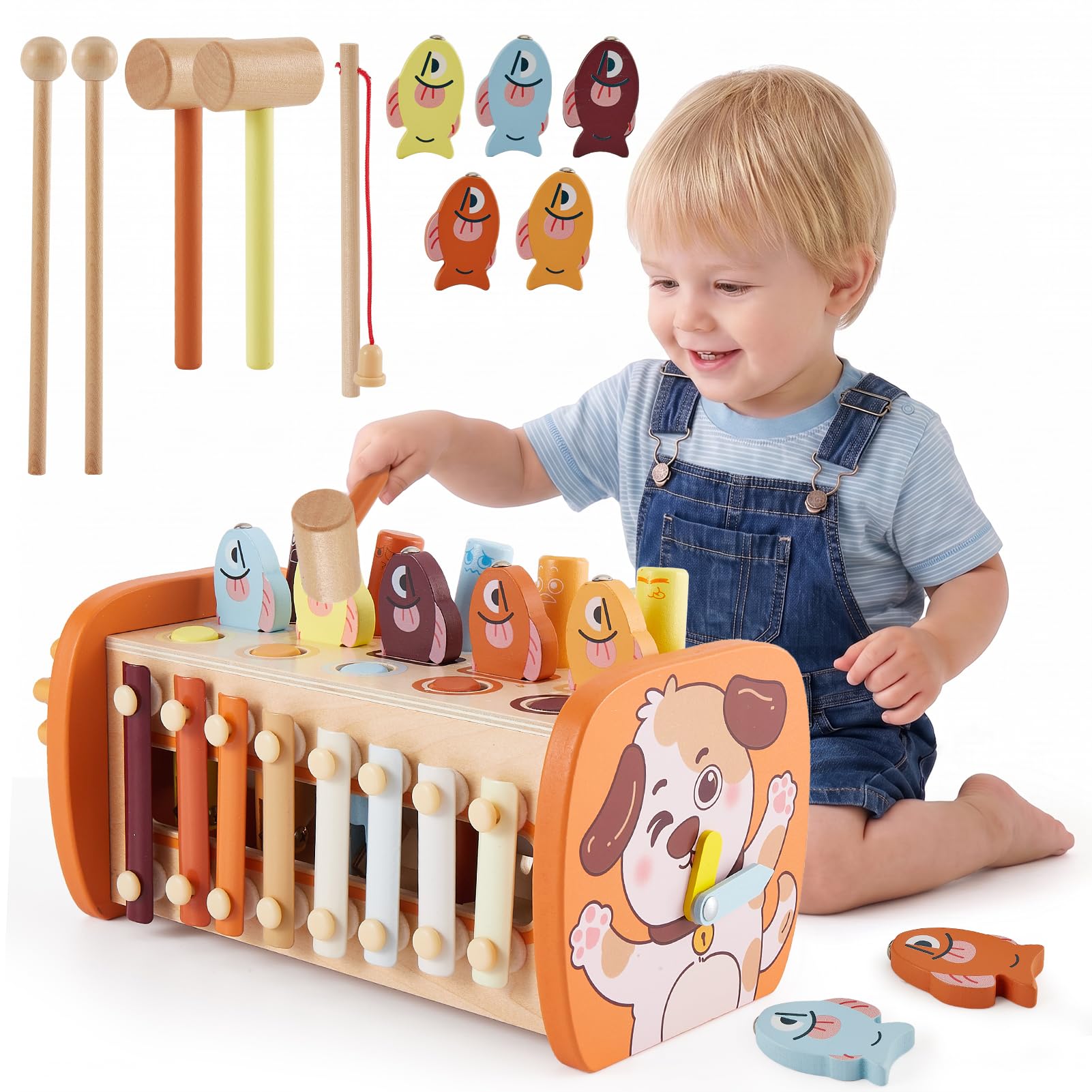 HYAKIDS Montessori Holzspielzeug 6 in 1 – Motorikspielzeug mit Hammerspiel & Xylophon