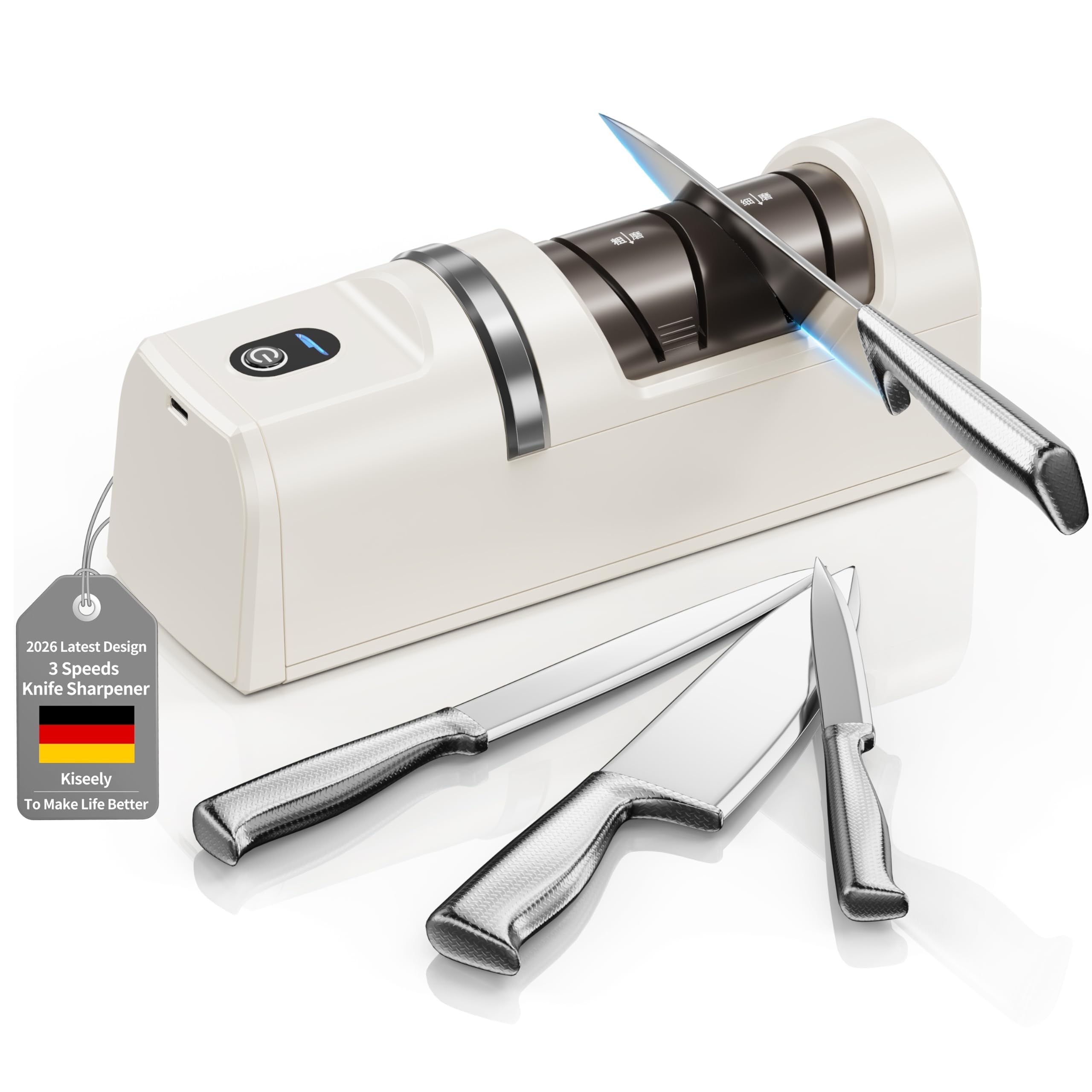 Kiseely Elektrischer Messerschärfer 5-in-1 mit Diamantschleifmittel – wiederaufladbar