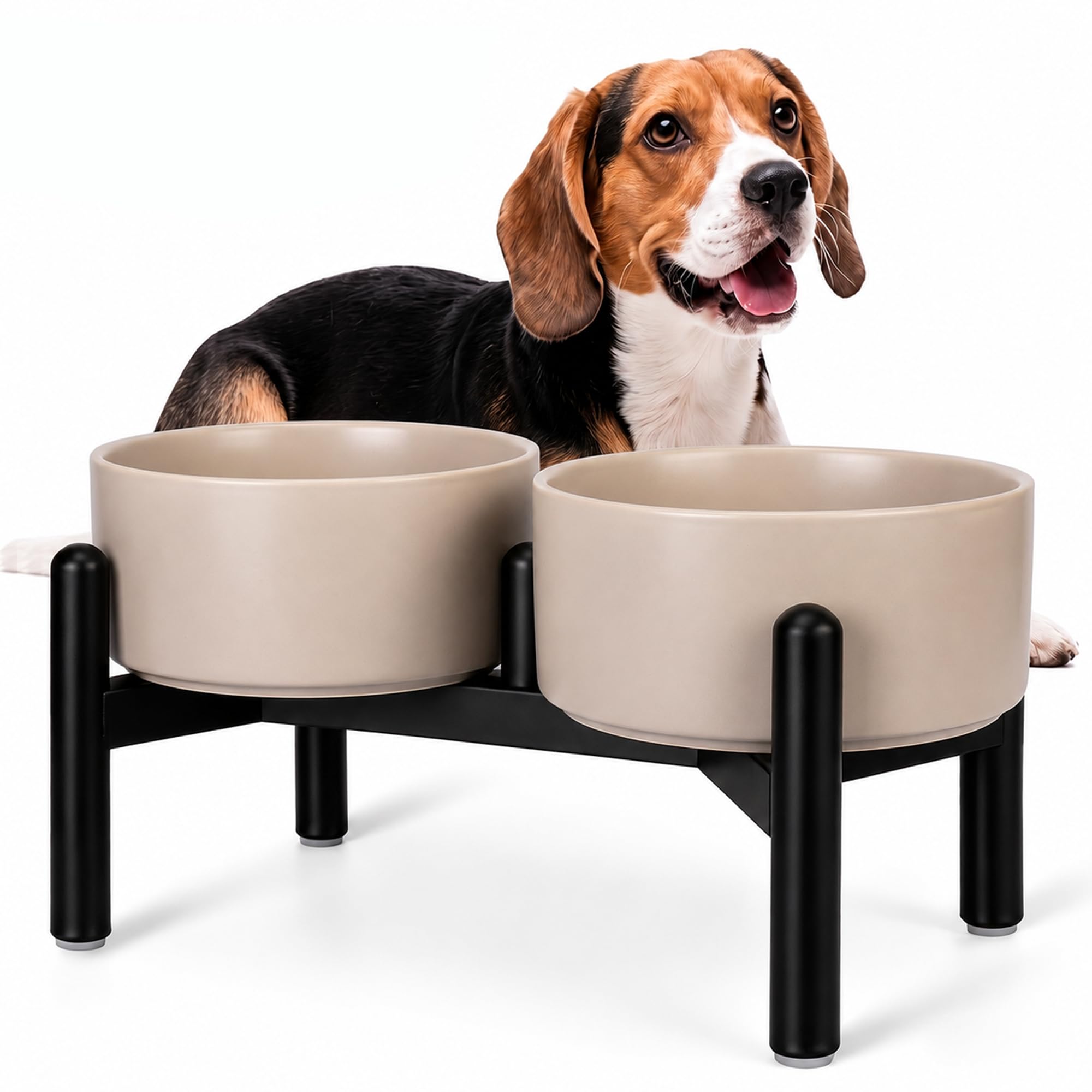 Erhöhter Hundenapf Set PTOBER – Doppelnapf Keramik mit Edelstahlständer für kleine & mittlere Hunde
