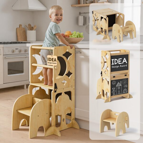 COSYLAND Lernturm 4in1 klappbar – Holz Stehhilfe, Schreibtisch & Elefanten-Hocker ab 1 Jahr