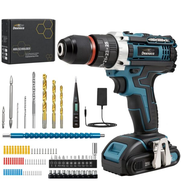 Dexnoca 21V Akkuschrauber Set 92-teilig mit 45Nm & 2.0Ah Akku – Professionelle Bohrmaschine