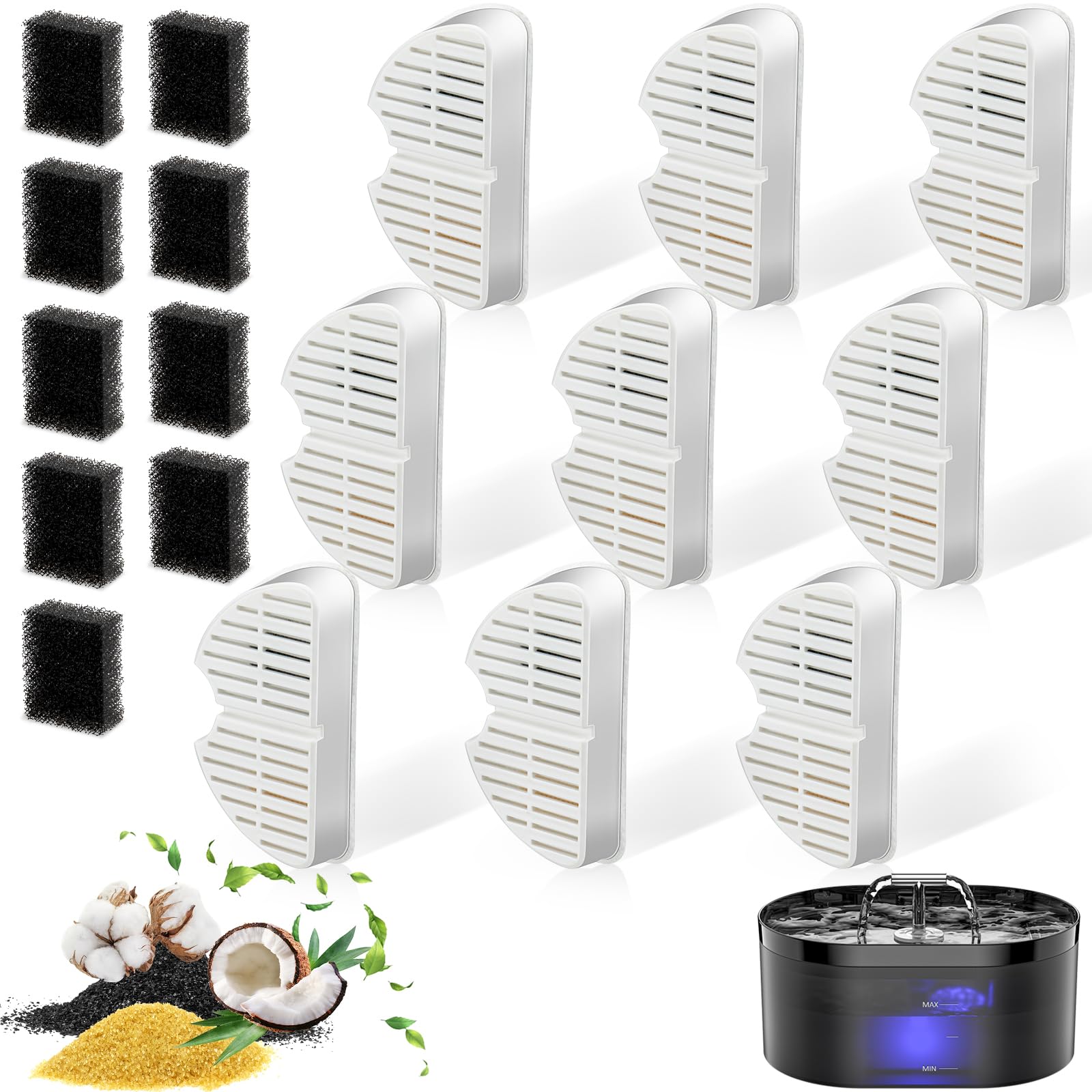 Nenozi Katzenbrunnen Filter Set – 18 Stück (9 Kohle + 9 Schaumstoff) für 2,2L
