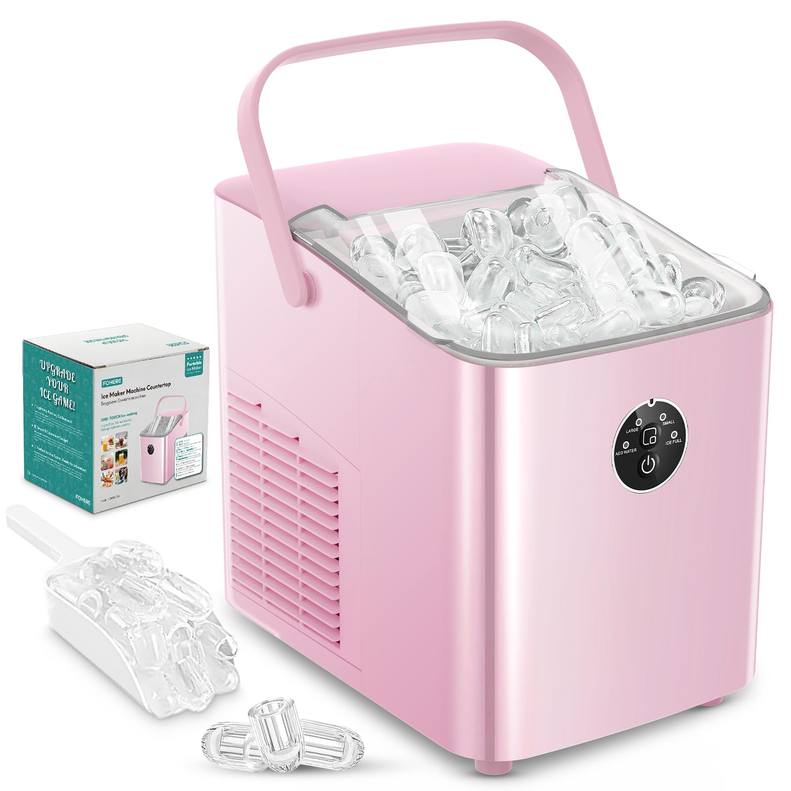 FOHERE Eiswürfelmaschine 14 kg – Kompakt mit Griff, 2 Grössen & Selbstreinigung
