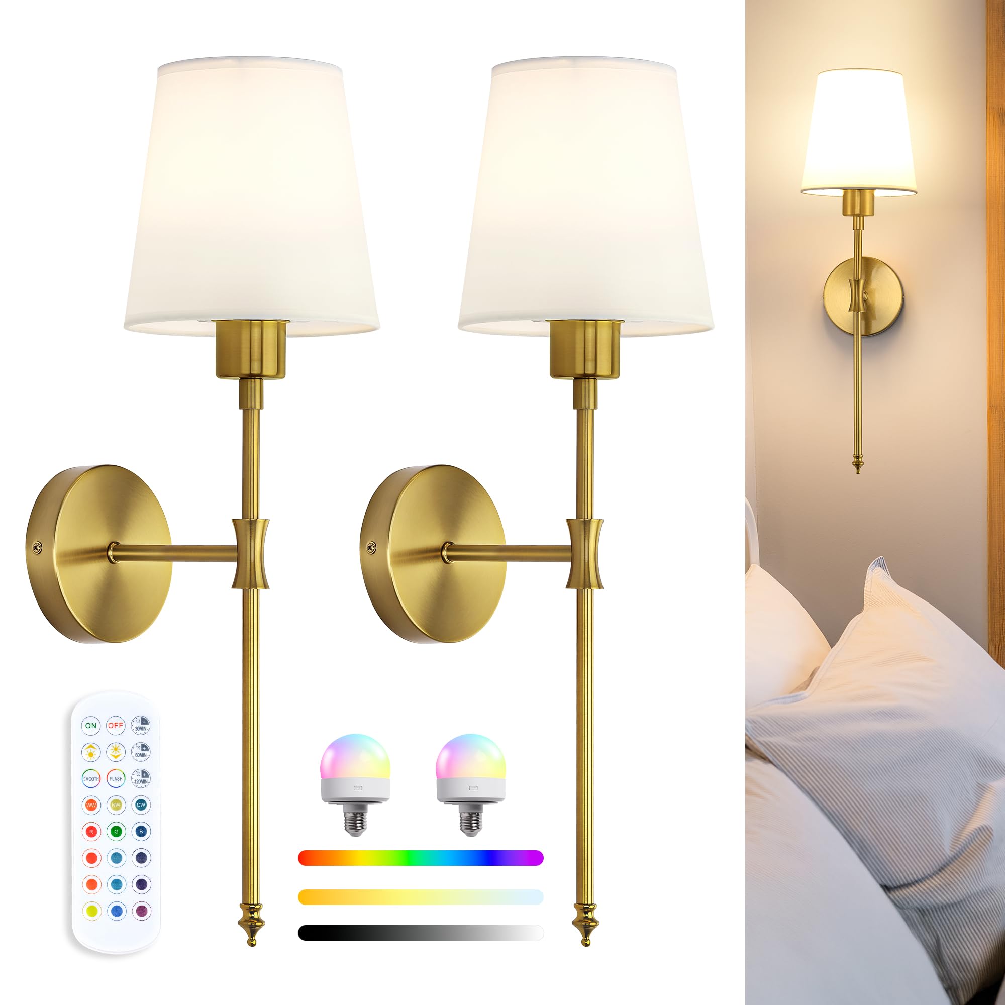 LuminexDesigns Akku-Wandleuchte Gold – Kabellos mit RGB & Fernbedienung für Innenräume
