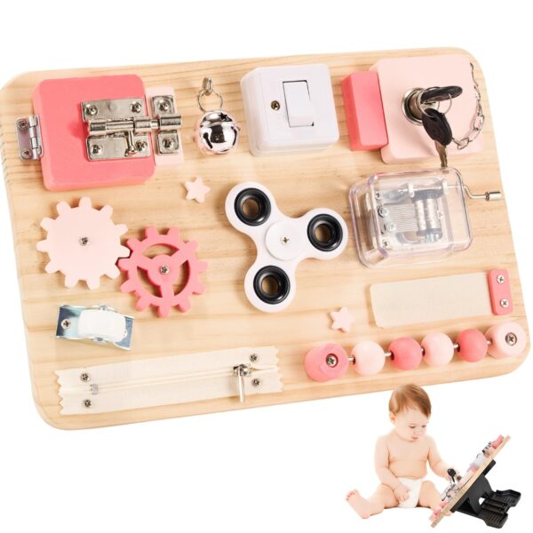Potatomato Rosa Montessori Busy Board – 12 Aktivitäten Holzspielzeug für Feinmotorik & Konzentration