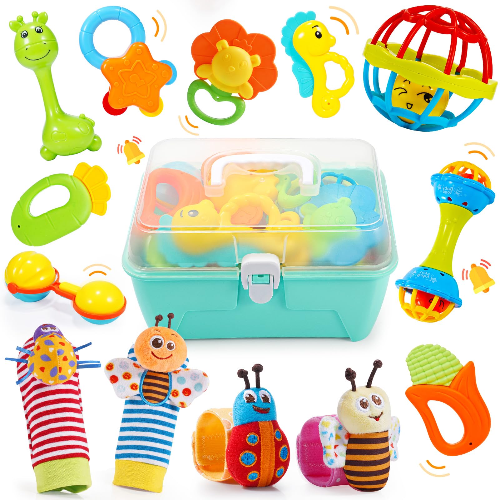 Wootoyz 14-teiliges Rassel-Beissring Set – Sensorisches Babyspielzeug 0-12 Monate mit Aufbewahrungsbox