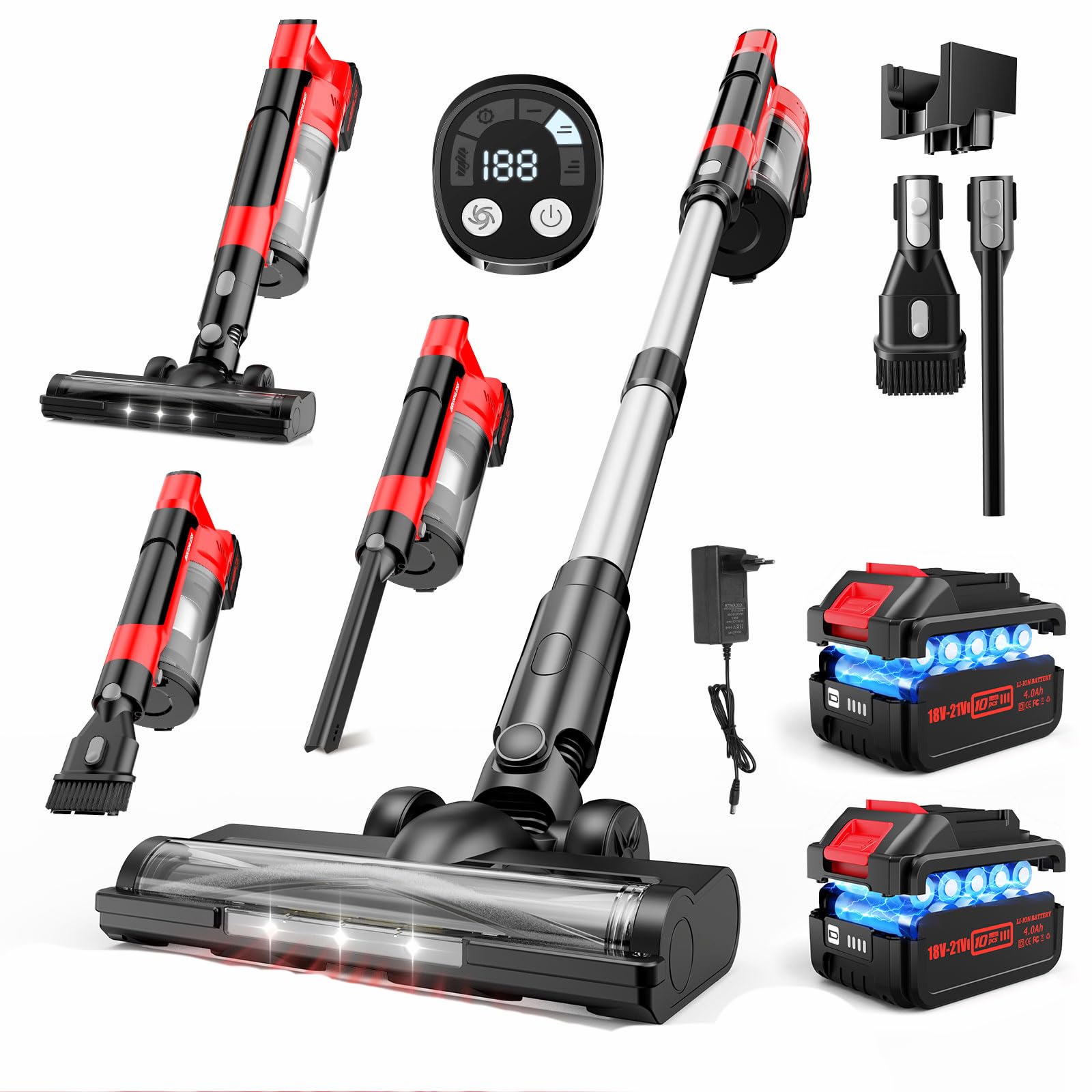 reffmov Akku-Staubsauger 60 kPa mit 2×4,0 Ah Akkus – 70 Min Laufzeit für Teppich & Tierhaare