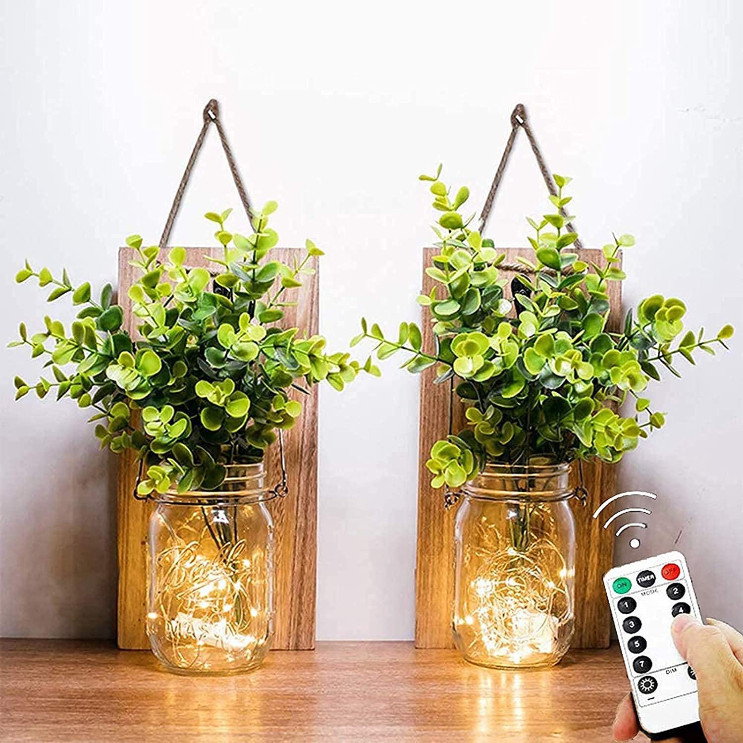 DYBOHF Mason Jar Wandleuchten 2er Set – LED Hängeleuchten mit Kunstpflanzen & Fernbedienung
