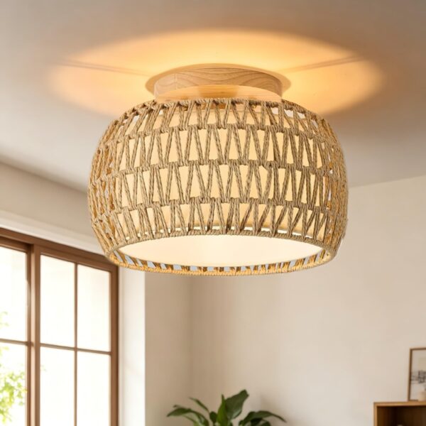 KUOP Deckenleuchte Ø32cm mit Rattan Lampenschirm – Vintage Boho für Wohnzimmer