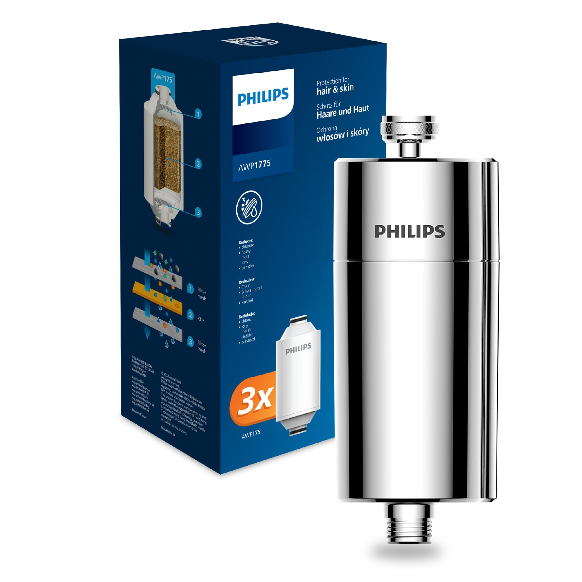 Philips Water Inline-Duschfilter mit 3-Stufen-Filtration – Chlor-Reduktion bis 99% für gesundes Haar & Haut