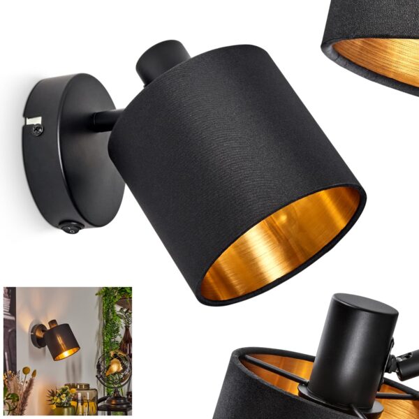HOFSTEIN Wandleuchte Alsen – Retro Wandlampe Schwarz/Gold mit Stoffschirm & Schalter