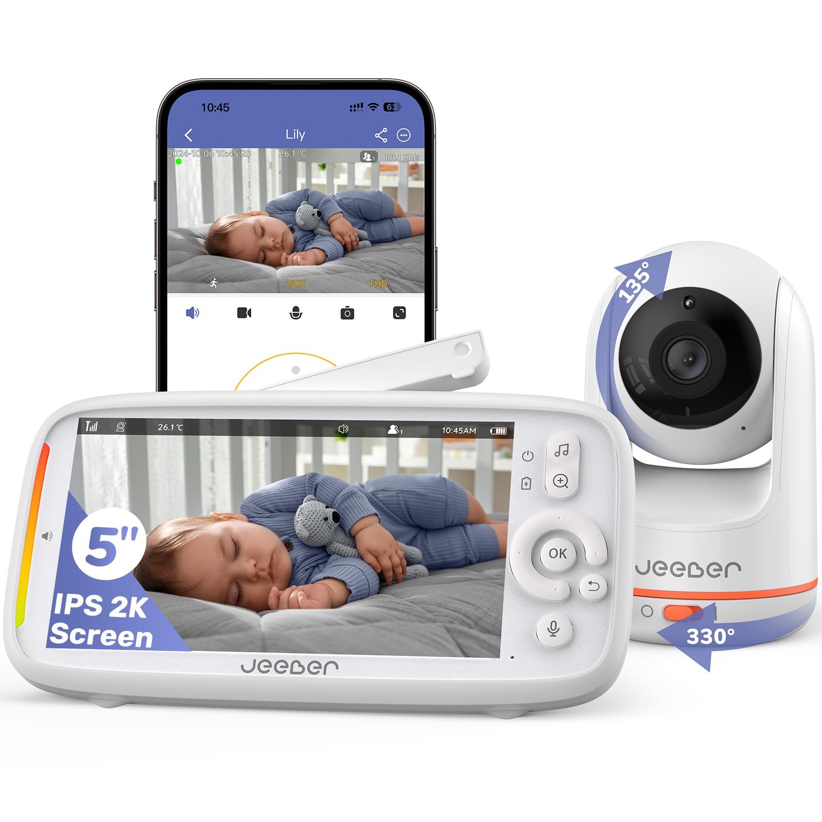 jeeber 2K/3MP WLAN Babyphone mit 5-Zoll-IPS Monitor – 360° HDR-Nachtsicht & App-Steuerung