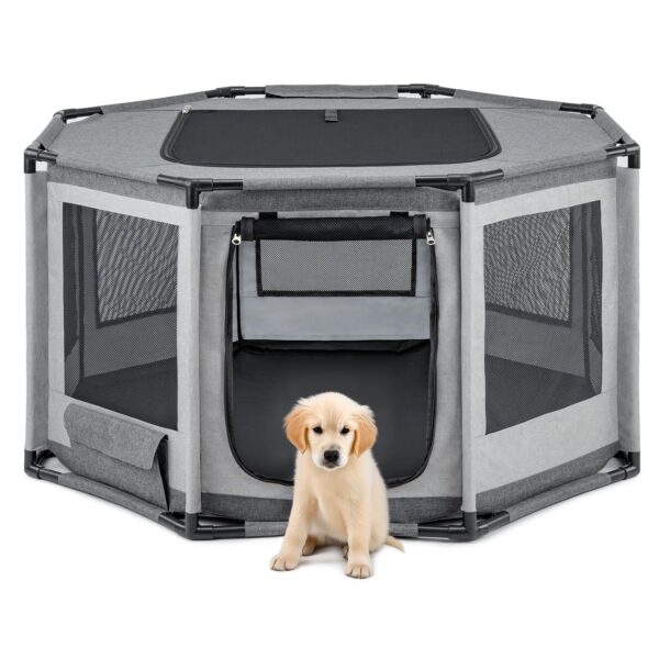lionto Welpenauslauf 112x112x62 cm – Achteckiges Freilaufgehege mit PVC-Rahmen für Hunde & Katzen
