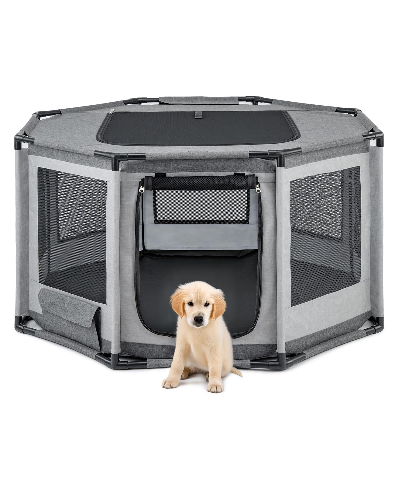 lionto Welpenauslauf 112x112x62 cm – Achteckiges Freilaufgehege mit PVC-Rahmen für Hunde & Katzen