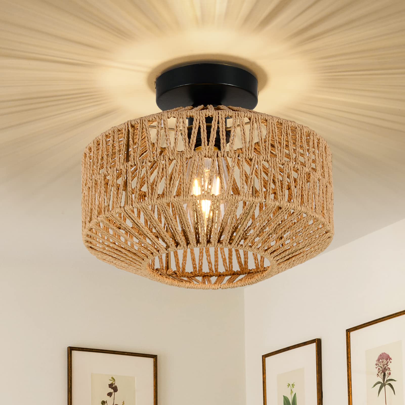 Rayofly Rattan Deckenleuchte Boho – Handgeflochten mit Metallbasis für Wohnzimmer & Schlafzimmer