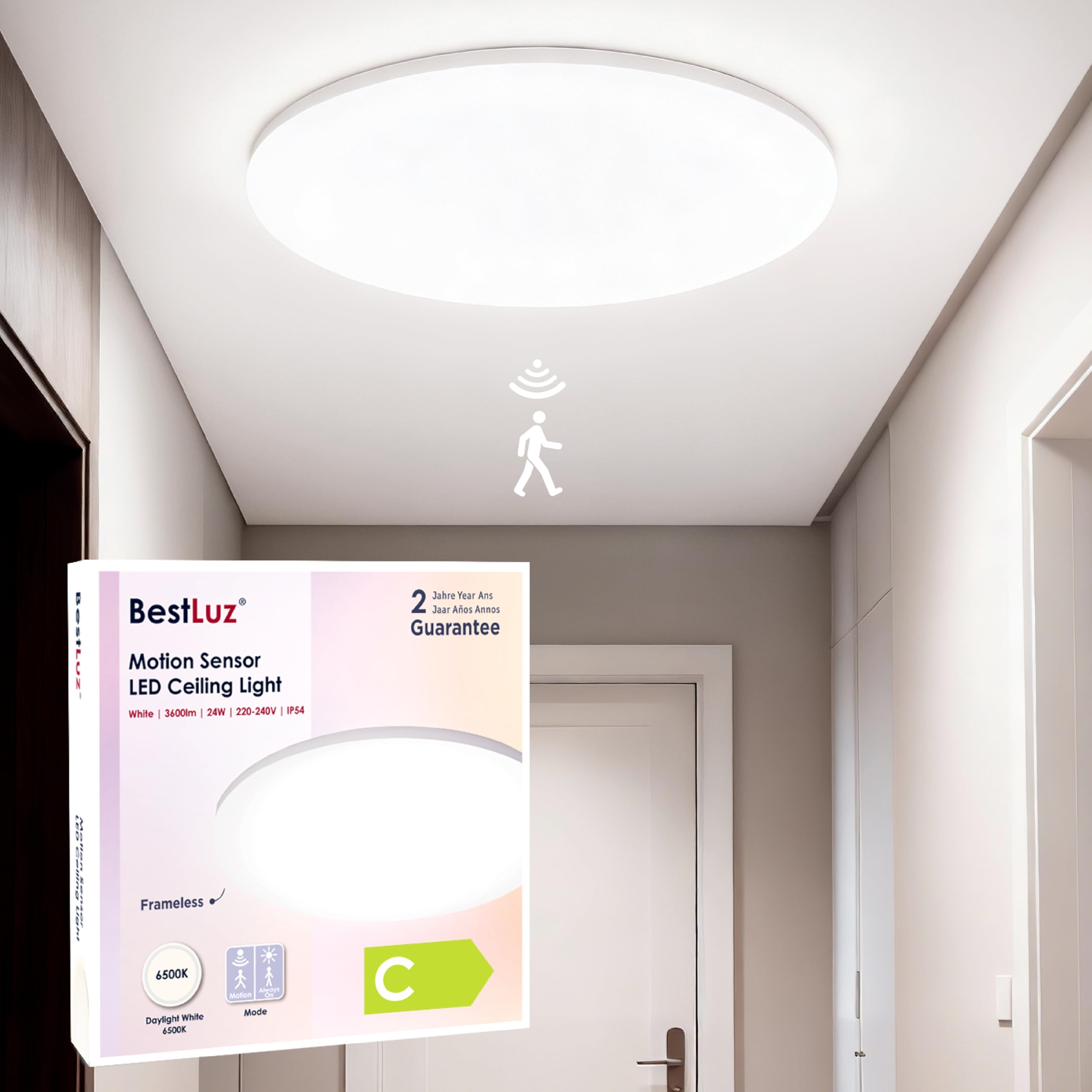 BestLuz LED Deckenleuchte Ø29cm mit Mikrowellen-Bewegungsmelder – 3600lm IP54