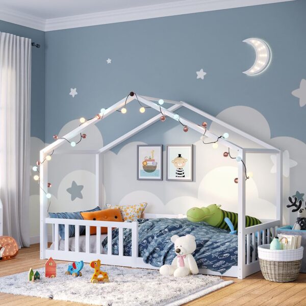 Bellabino Bia Hausbett 90x200 cm – Montessori Kinderbett aus Massivholz mit Rausfallschutz