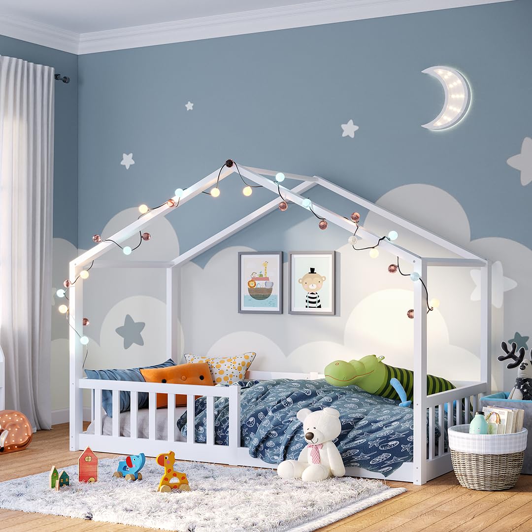 Bellabino Bia Hausbett 90x200 cm – Montessori Kinderbett aus Massivholz mit Rausfallschutz