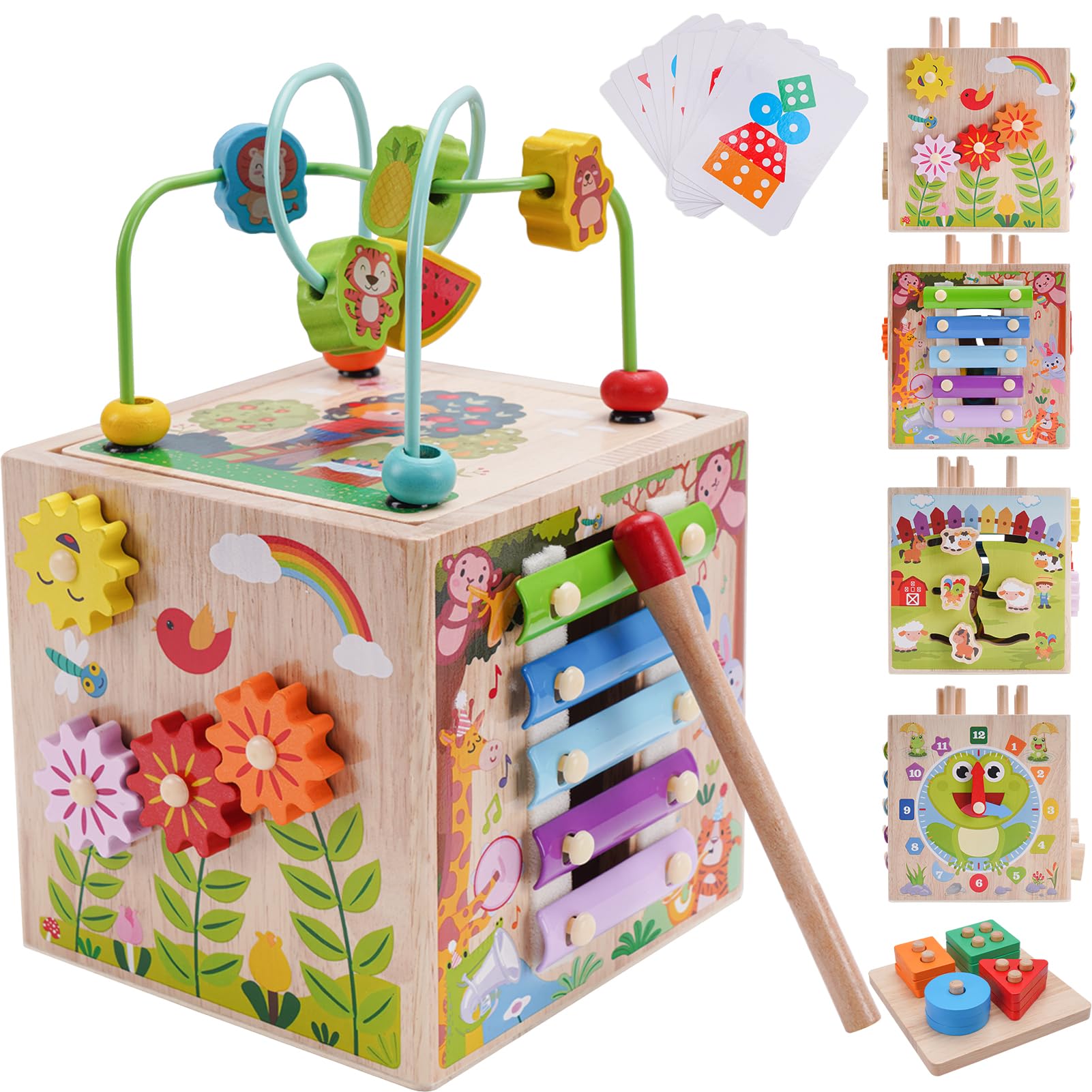 KMTJT Aktivitätswürfel aus Holz – 7 Lernspiele für Babys ab 12 Monaten (Rosa)