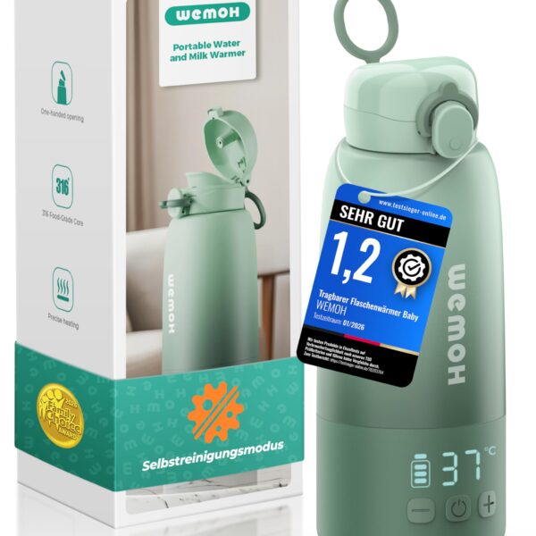 Wemoh Tragbarer Flaschenwärmer 450ml – 100W Schnellaufwärmung mit Selbstreinigung für unterwegs