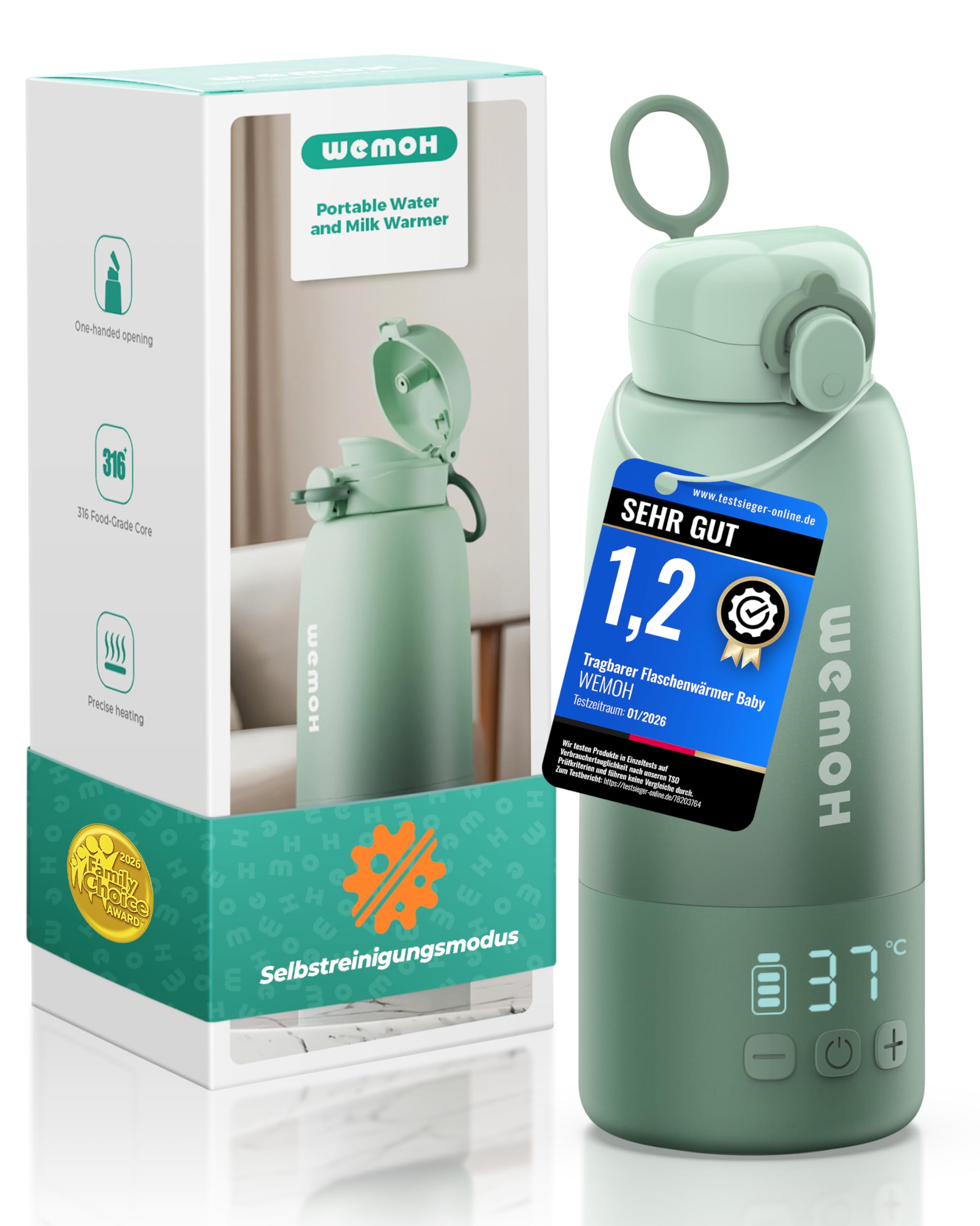 Wemoh Tragbarer Flaschenwärmer 450ml – 100W Schnellaufwärmung mit Selbstreinigung für unterwegs