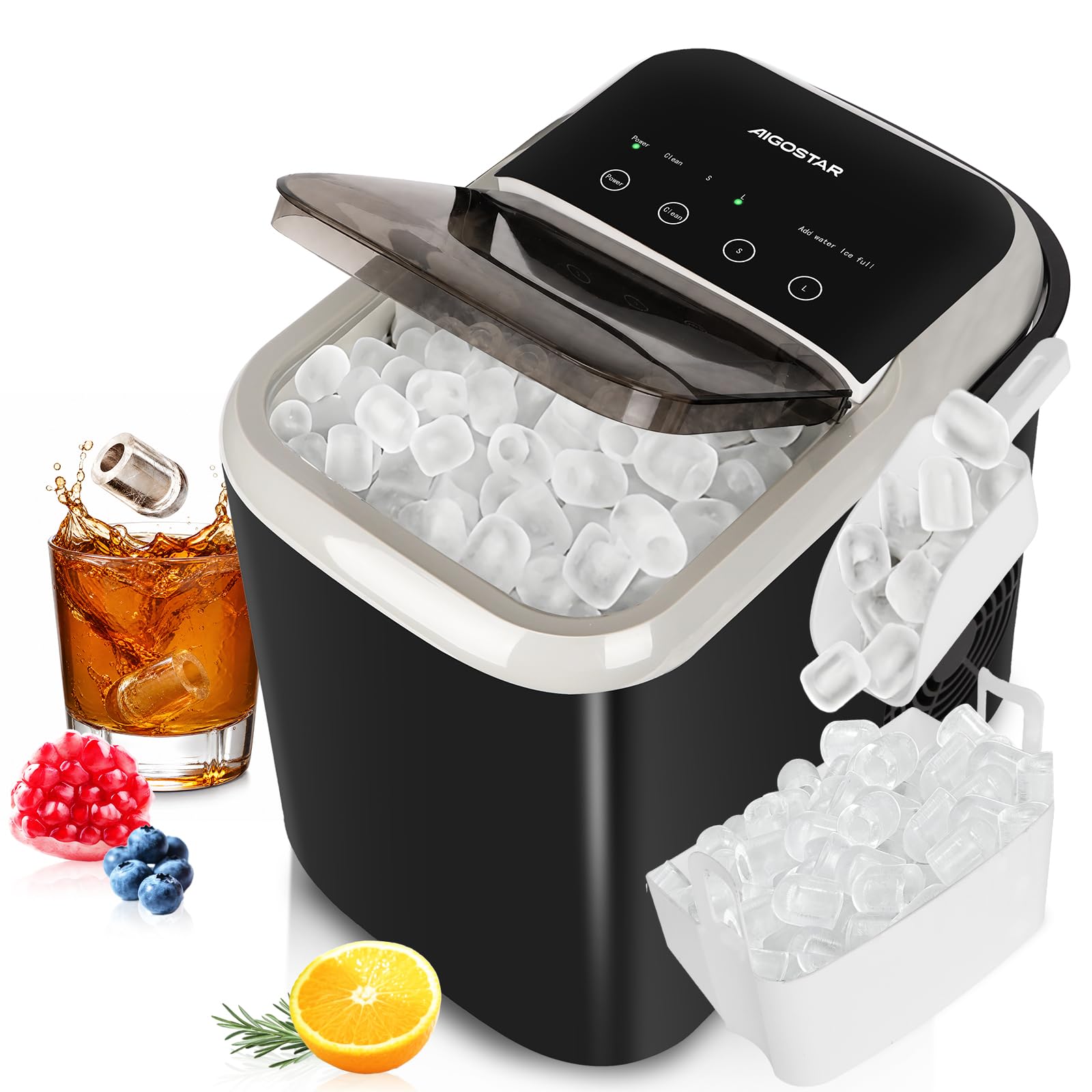 Aigostar Eiswürfelmaschine 1,5L – 9 Eiswürfel in 6 Min, Selbstreinigung & Doppeldeckel