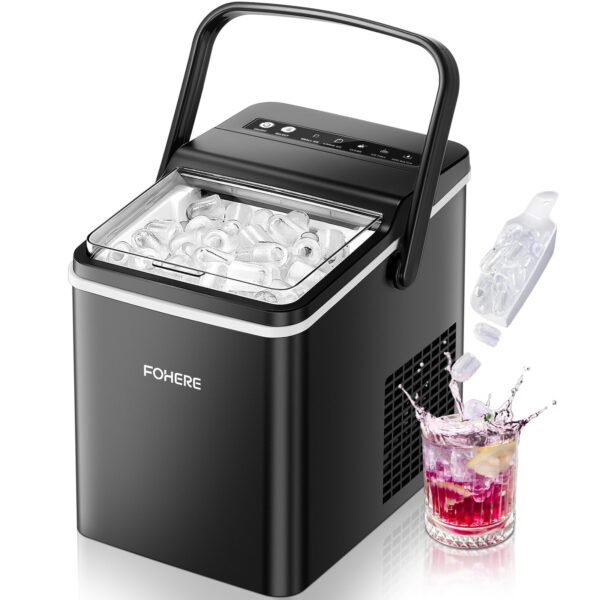 FOHERE Eiswürfelmaschine 14kg/24h – 9 Bullet-Eiswürfel in 5 Min, tragbar mit Selbstreinigung