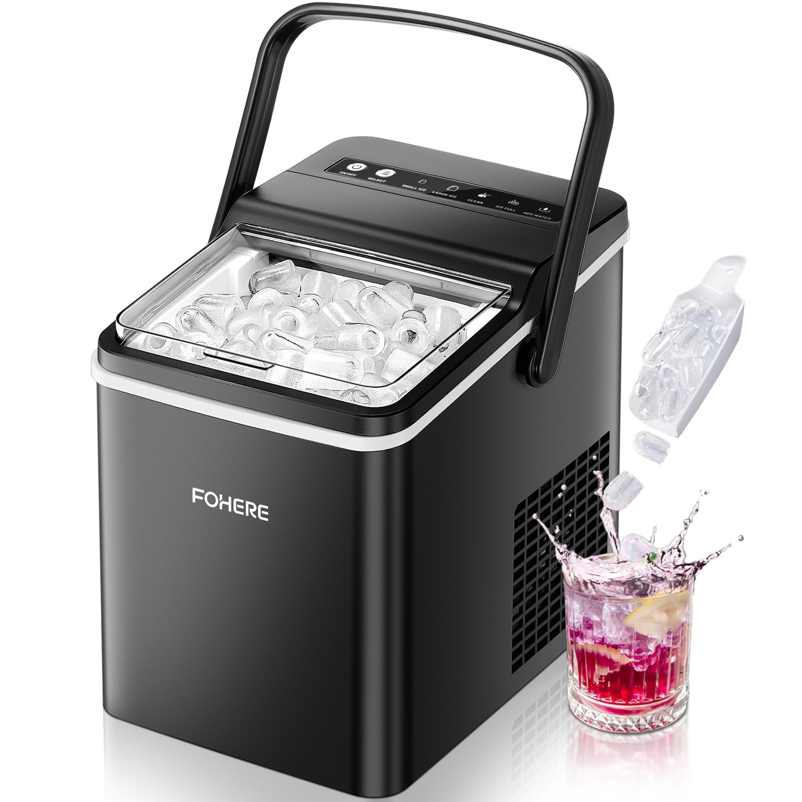 FOHERE Eiswürfelmaschine 14kg/24h – 9 Bullet-Eiswürfel in 5 Min, tragbar mit Selbstreinigung