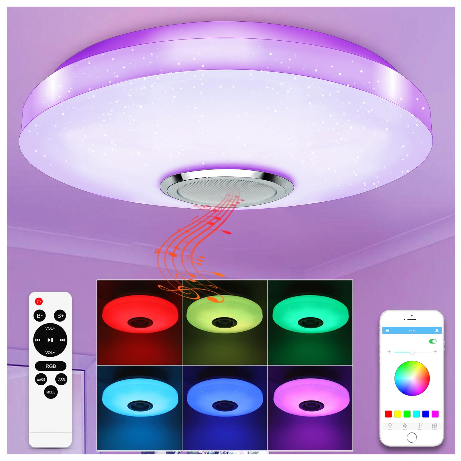 TODEHI 36W RGB LED Deckenleuchte mit Bluetooth Lautsprecher – Dimmbar & APP-steuerbar