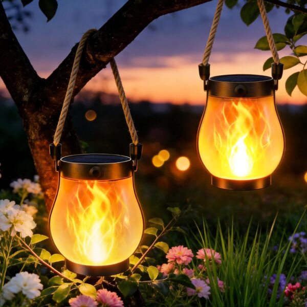2er Set Solar Flammenlaterne mit Hanfseil – Authentische Flackerflamme für Garten & Terrasse