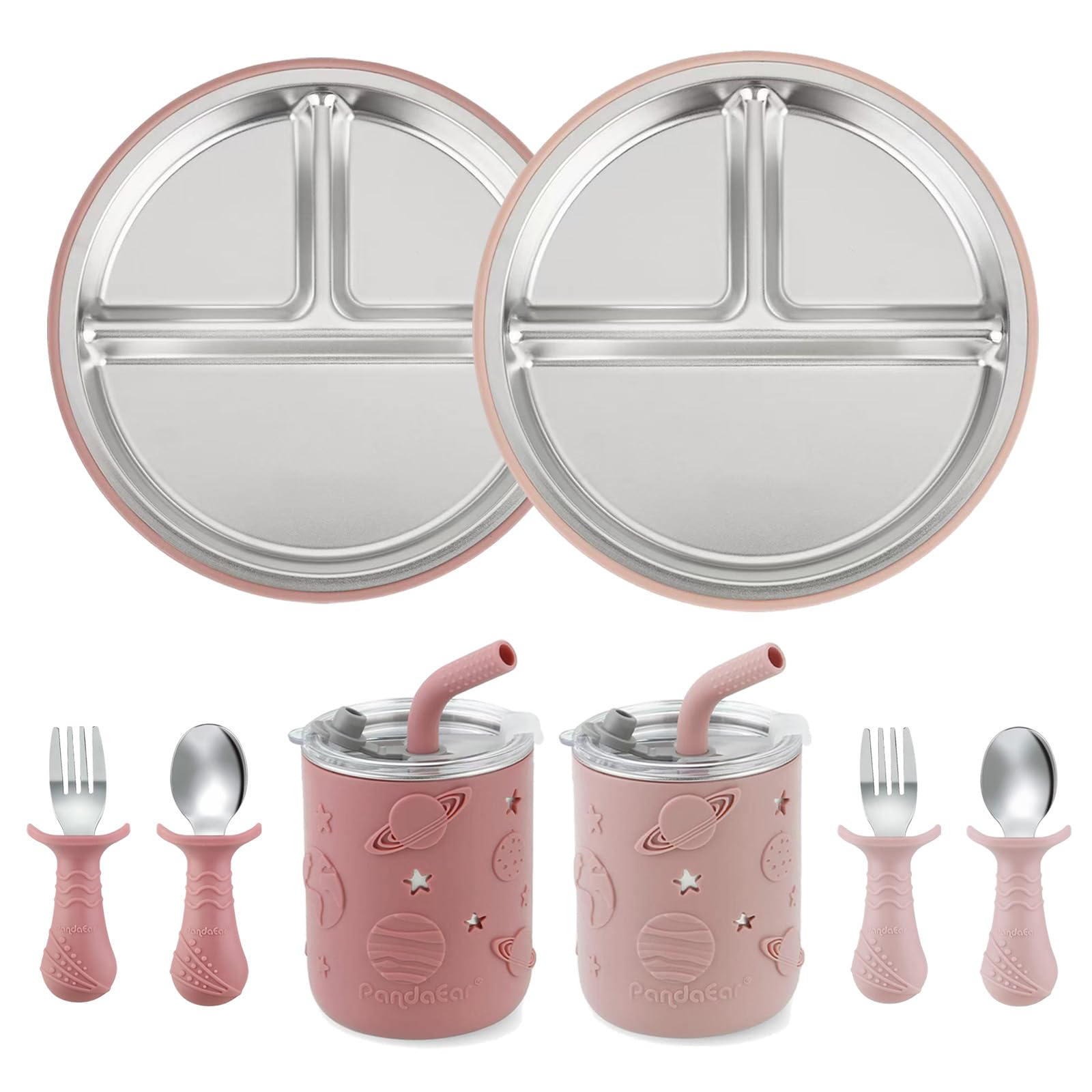 PandaEar Baby Edelstahl Besteck Set – 2 Teller, 2 Becher, Löffel & Gabeln für Baby Led Weaning