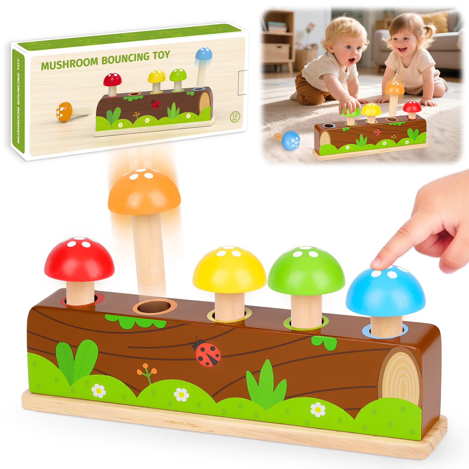 Molleyzi Pop-Up Pilz Motorikspielzeug aus Holz – Montessori Lernspiel ab 12 Monaten