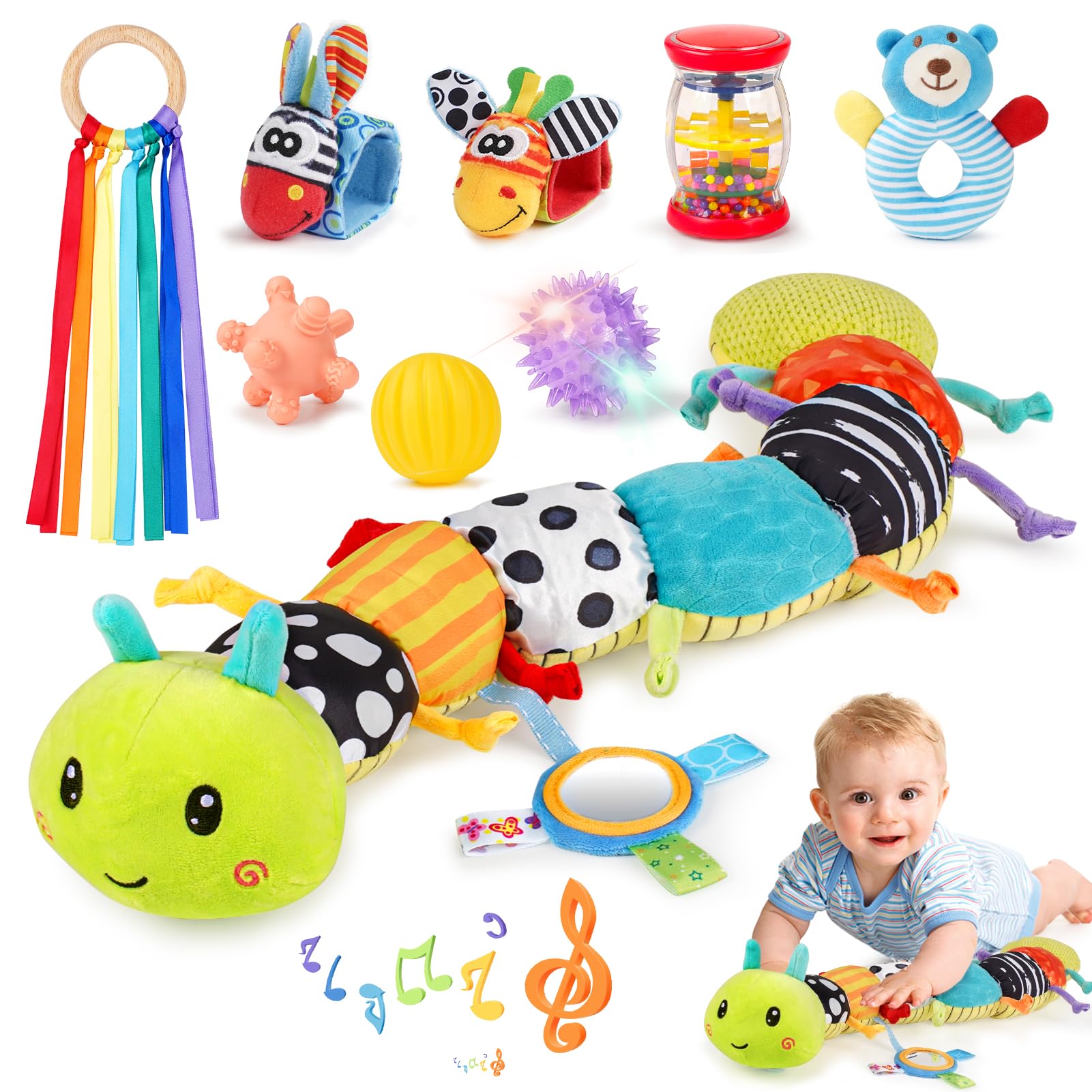 Joyreal 10-teiliges Sensorikspielzeug-Set für Neugeborene – Musikraupe & Tummy Time Toys