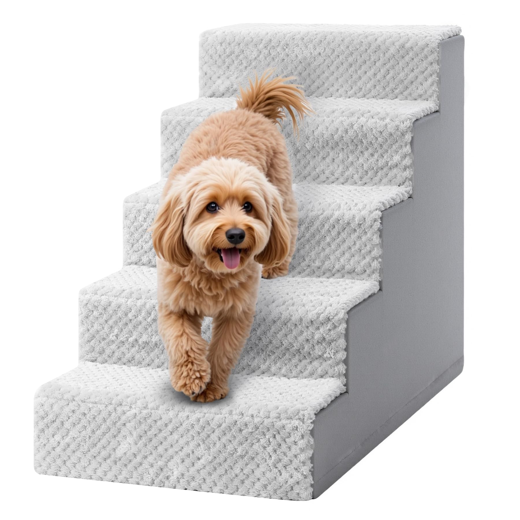 KSIIA Hundetreppe 5-Stufen 55cm Grau – Haustiertreppe mit abnehmbarem Bezug für kleine Hunde