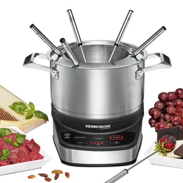 Rommelsbacher Elektro Fondue Set F 1200 – Edelstahl Fonduetopf mit 3 Programmen für Käse & Öl