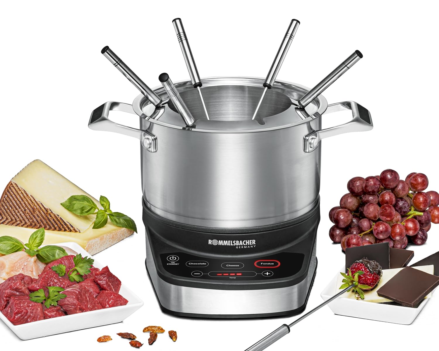 Rommelsbacher Elektro Fondue Set F 1200 – Edelstahl Fonduetopf mit 3 Programmen für Käse & Öl